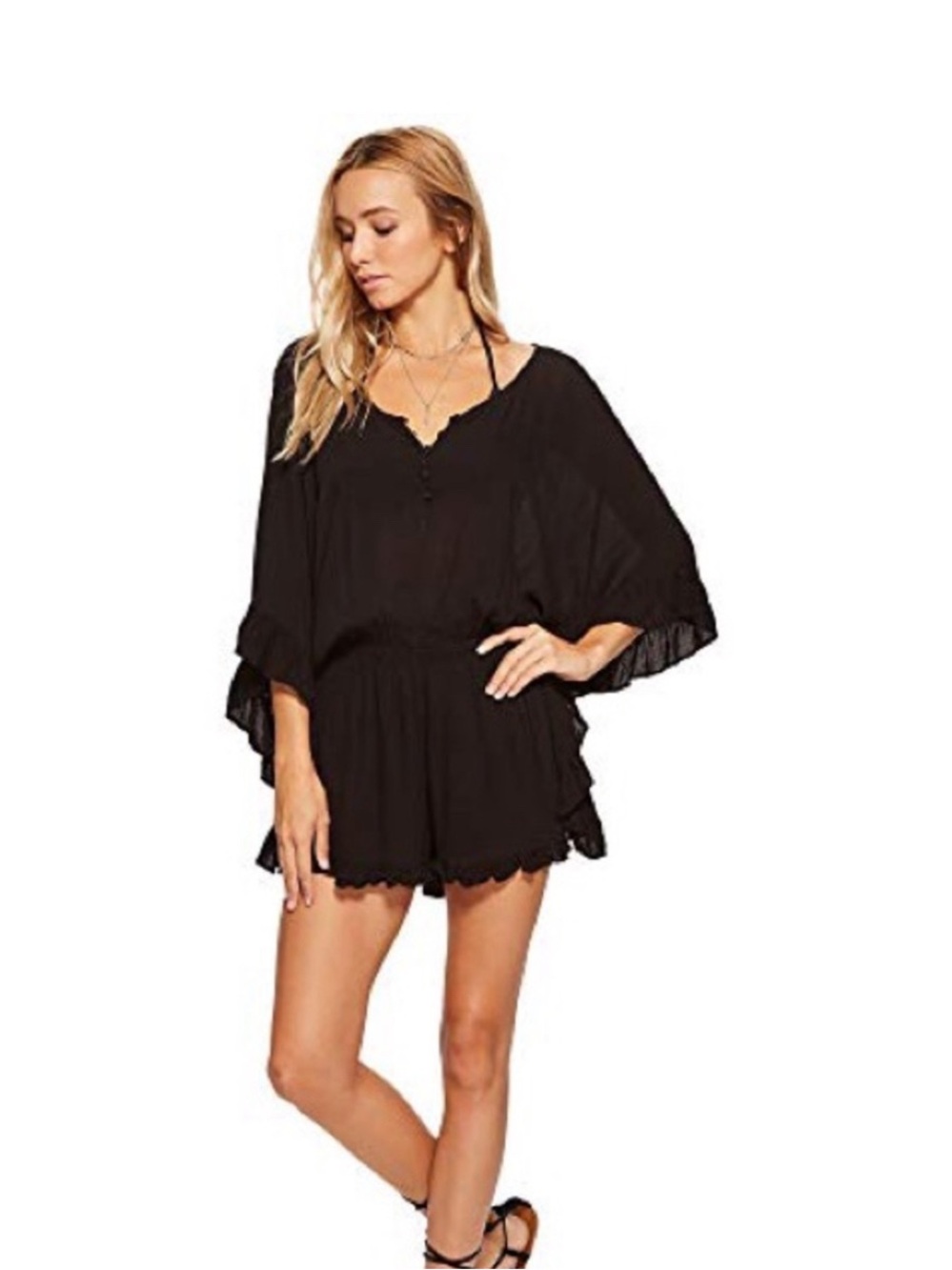 l*space Black Women's Swim Cover-Up Romper with Flutter Sleeves